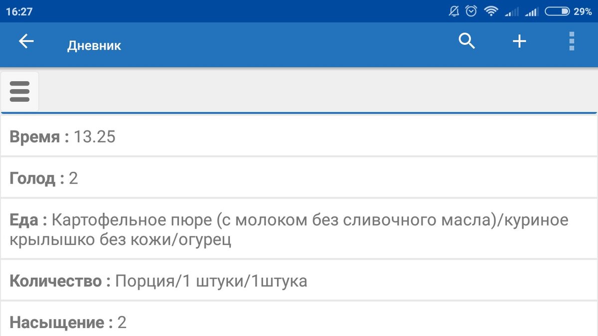 Дневник питания, где я расписывала все, что съела за день, оценивала чувство голода и насыщения. Это - обед.