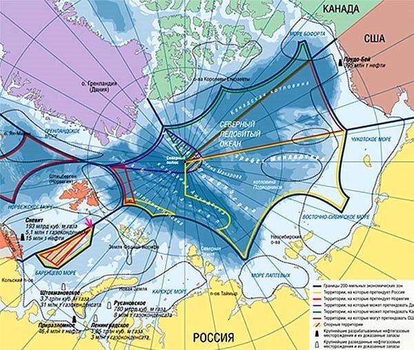 Карта морских границ Российской Федерации. Стрелочка показывает точку входа лайнера, на границе спорных территорий России и Норвегии.  