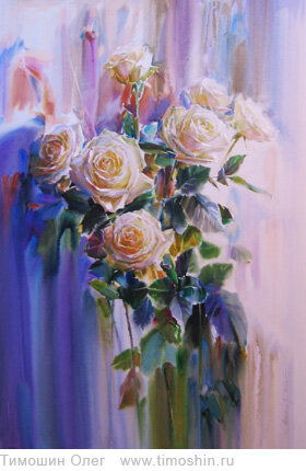 Натюрморт акварелью с букетом белых роз 