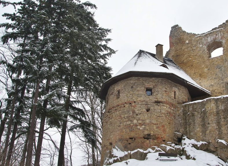 Красивый вид на заброшенные развалины зимой замка Цимбурк