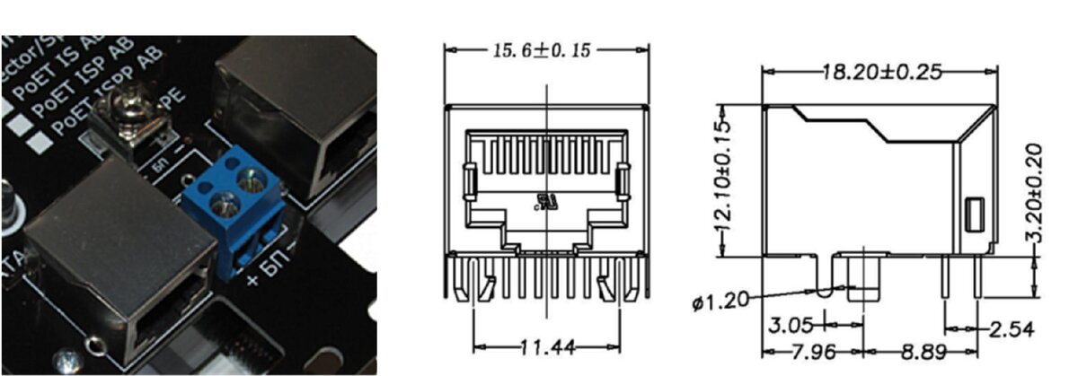 Разъемы, установленные в  инжекторе PoE и их габаритный чертеж 