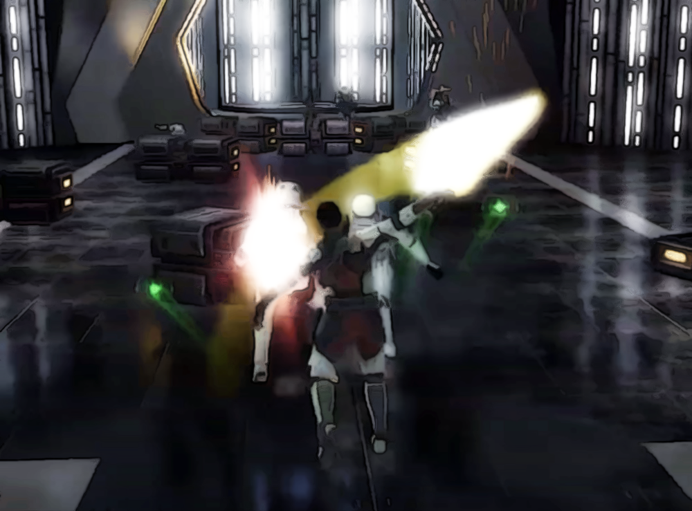 На переднем плане Гален рубит штурмовиков, на фоне из лифта вышли солдаты повстанцев, скоро их черёд познакомится с убийственной силой светового меча.