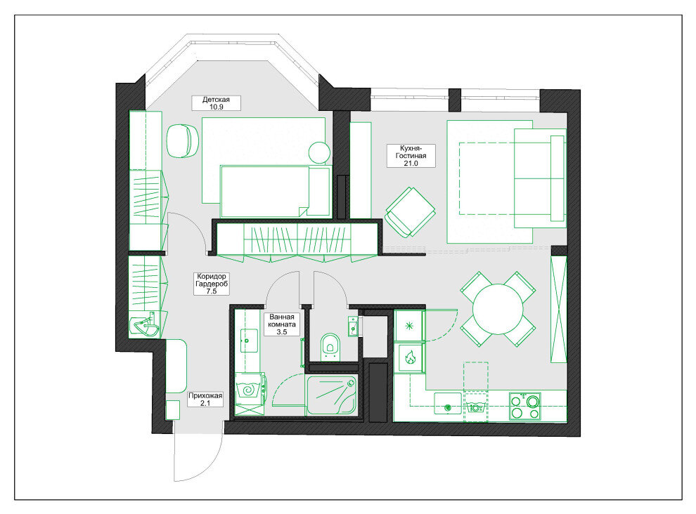 Всю квартиру поделили на три основные функциональные зоны — гостиную, детскую и кухню-столовую. Хранение организовали в прихожей. Объединённый санузел сделали раздельным. Заказчики посчитали, что так будет удобнее.