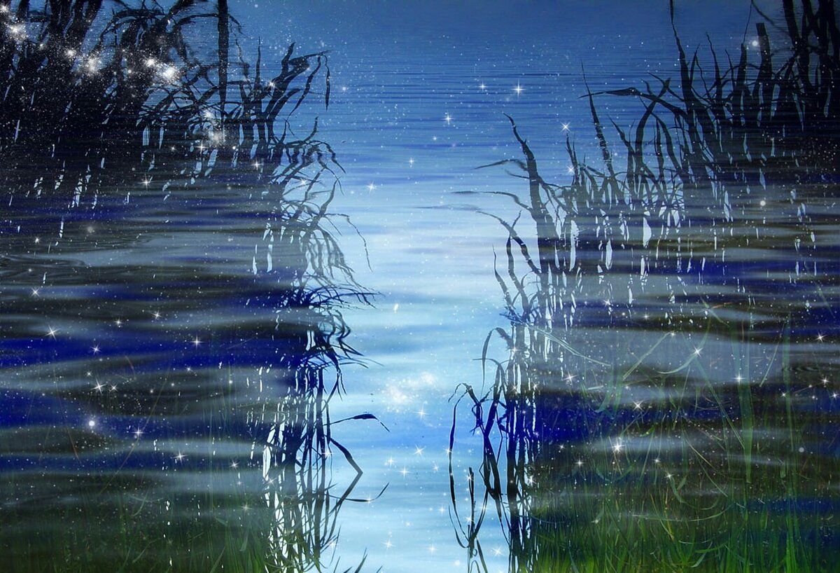 Тихий вечер вечер сине. Зеркальная гладь воды. Гладь воды с отражением. Звезды отражаются в воде. Пейзаж с отражением в воде.
