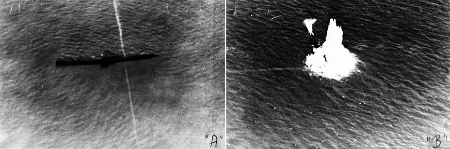 Фотографии серии испытаний магнитных взрывателей 26 мая 1926. На фото «А» – один из многочисленных проходов торпеды под килем корабля-цели (корпус списанной подлодки SS-48) без срабатывания взрывателя. На фото «B» – одно-единственное успешное срабатывание, на основании которого взрыватель Mark 6 Mod. 1 был принят на вооружение.