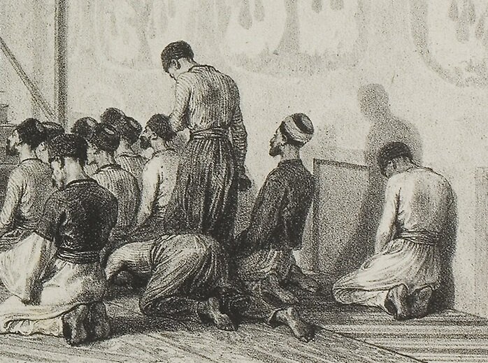 Фрагмент гравюры Огюста Раффе "Крымские татары молятся в мечети Истрим-джами". Карасубазар. 1837 год 