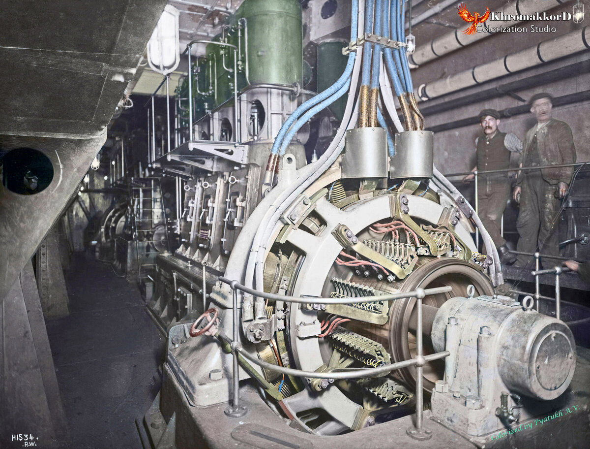 Динамо-машина «Олимпика». Колоризированный снимок. Чёрно-белый оригинал взят из открытых источников.
