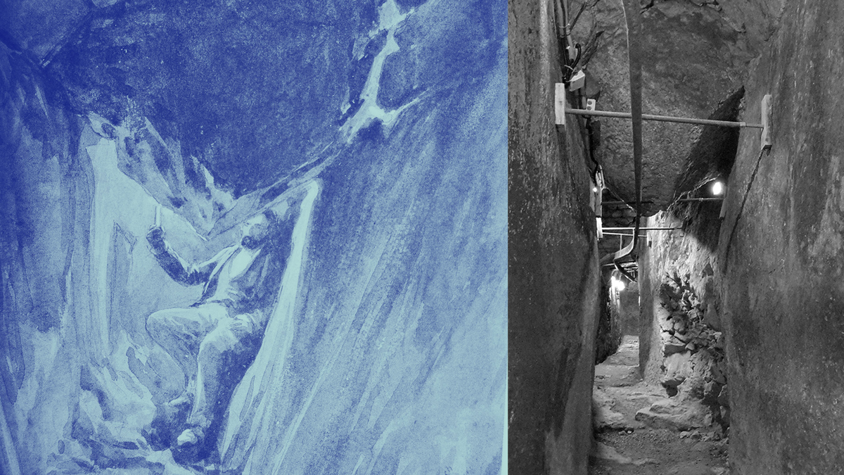 «Камень Уоррена». Слева — рисунок XIX века, справа — во время раскопок в XXI веке