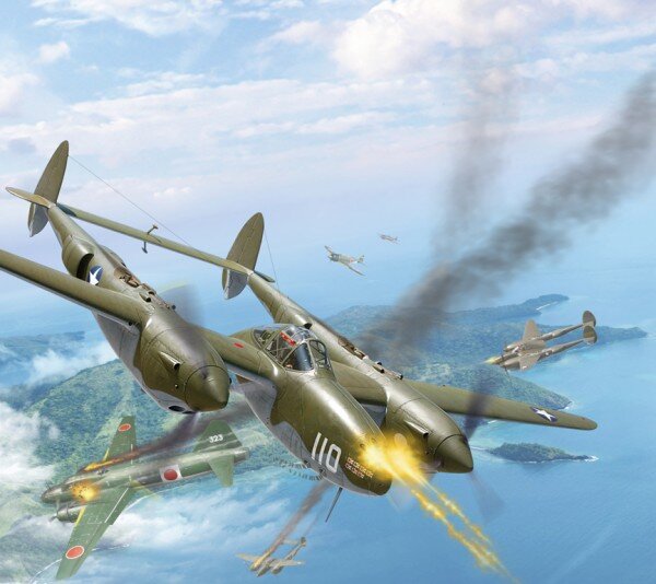 Атака "Лайтнингов" и гибель адмирала Ямамото. Художник Валерий Петелин.