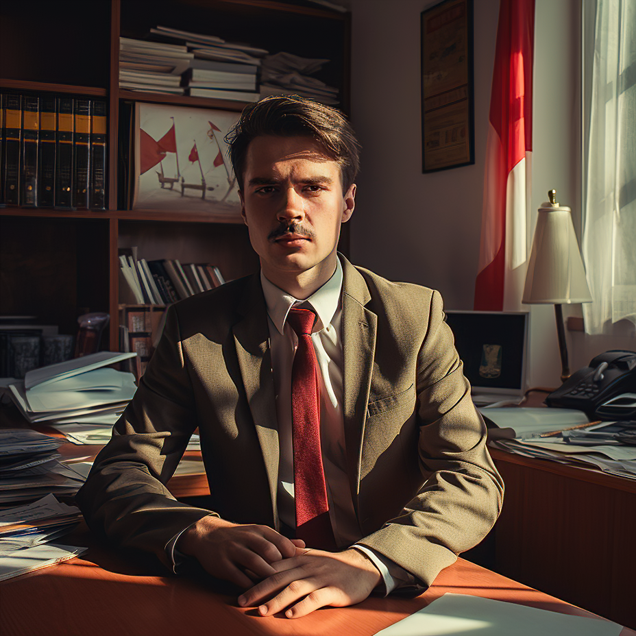 Фото-реалистичный портрет молодого депутата. Следующий слайд - изначально сгенерированная ИИ картинка до замены лица.