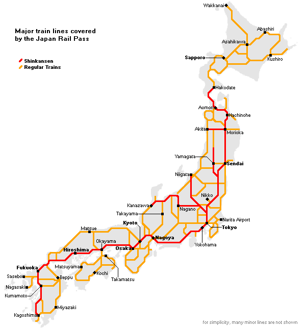 Карта железнодорожных направление JR Pass