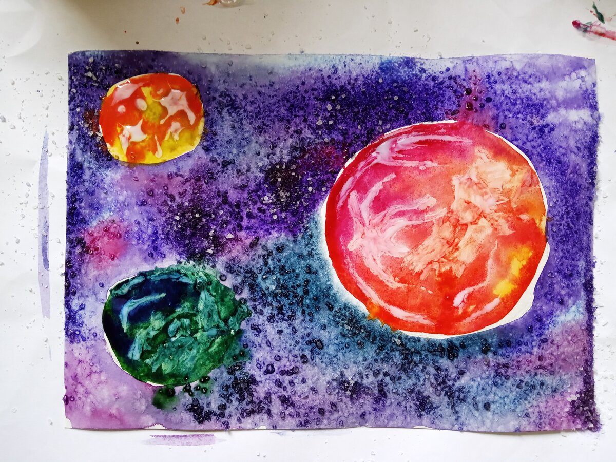 Акварельная 7. Рисование акварельными красками. Рисование акварелью и солью. Космос красками для детей. Рисование красками для детей.
