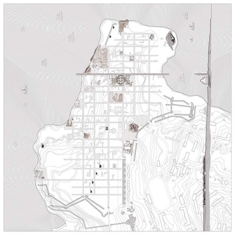 План участка, застройка становится проекцией раскопанной улицы 
