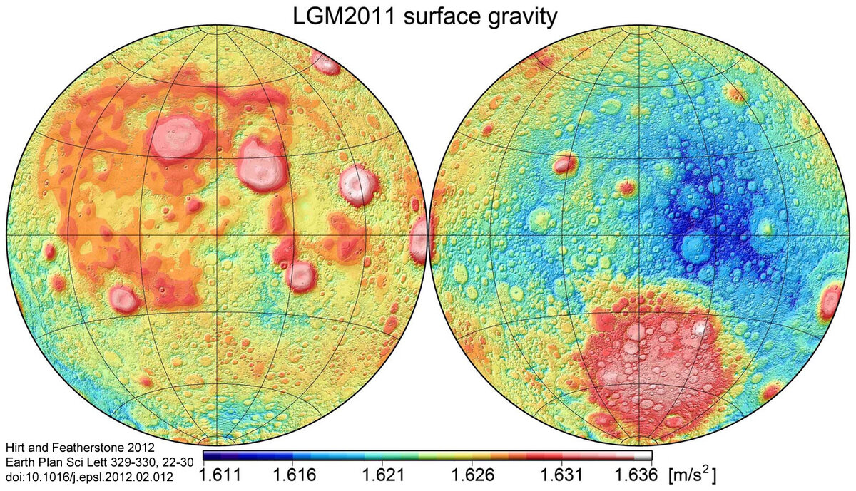 1 из 1A map of the acceleration of gravity across the surface of the earth’s moon. Taken from the lunar gravity model 2011: http://geodesy.curtin.edu.au/research/models/lgm2011/