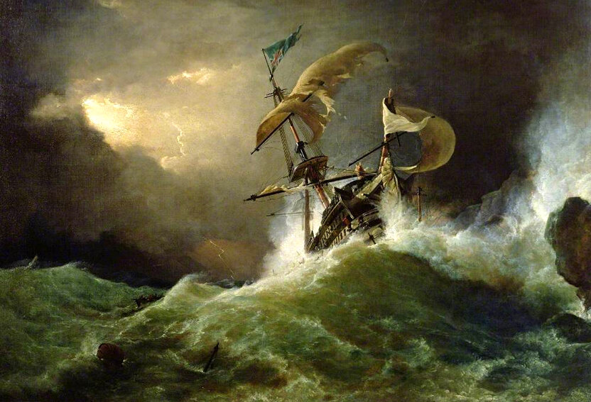 1. Джордж Филипп Рейнагл, английский художник-маринист, название картины на английском: A First rate Man-of-War driven onto a reef of rocks, ориентировочно 1828 год