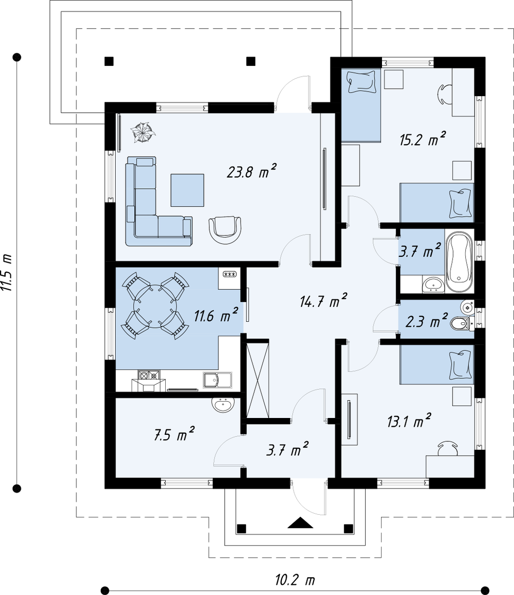 Трехкомнатный одноэтажный дом 10х11,5 м., общей площадью 99 кв.м.