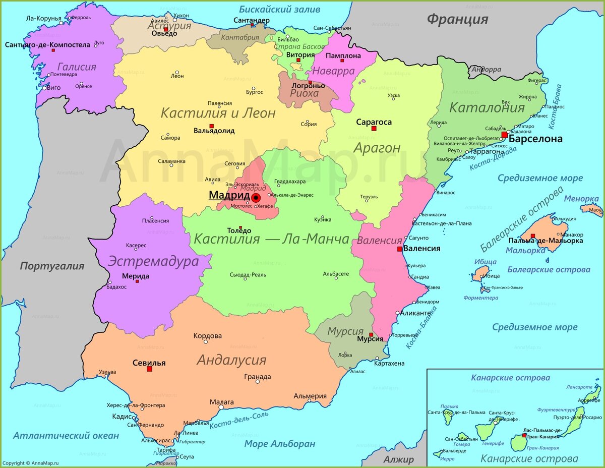 Карта Испании на русском языке с городами и провинциями