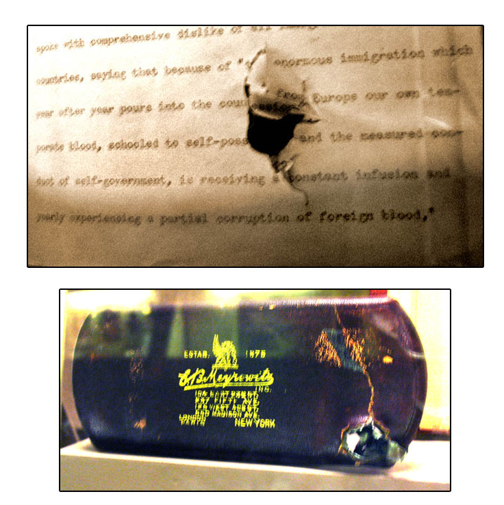 Простреленные рукопись и футляр для очков