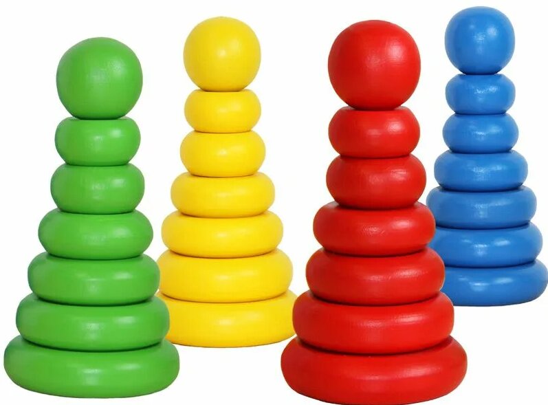 Берем две пирамидки разных цветов разбираем их. Начинаем собирать одну из них, даем ребенку задание найди колечки таково же цвета. 