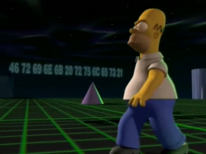 Надпись-пасхалочка (46 72 69 6E 6B 20 72 75 6C 65 73 21). Фрагмент сериала Симпсоны, s07e06