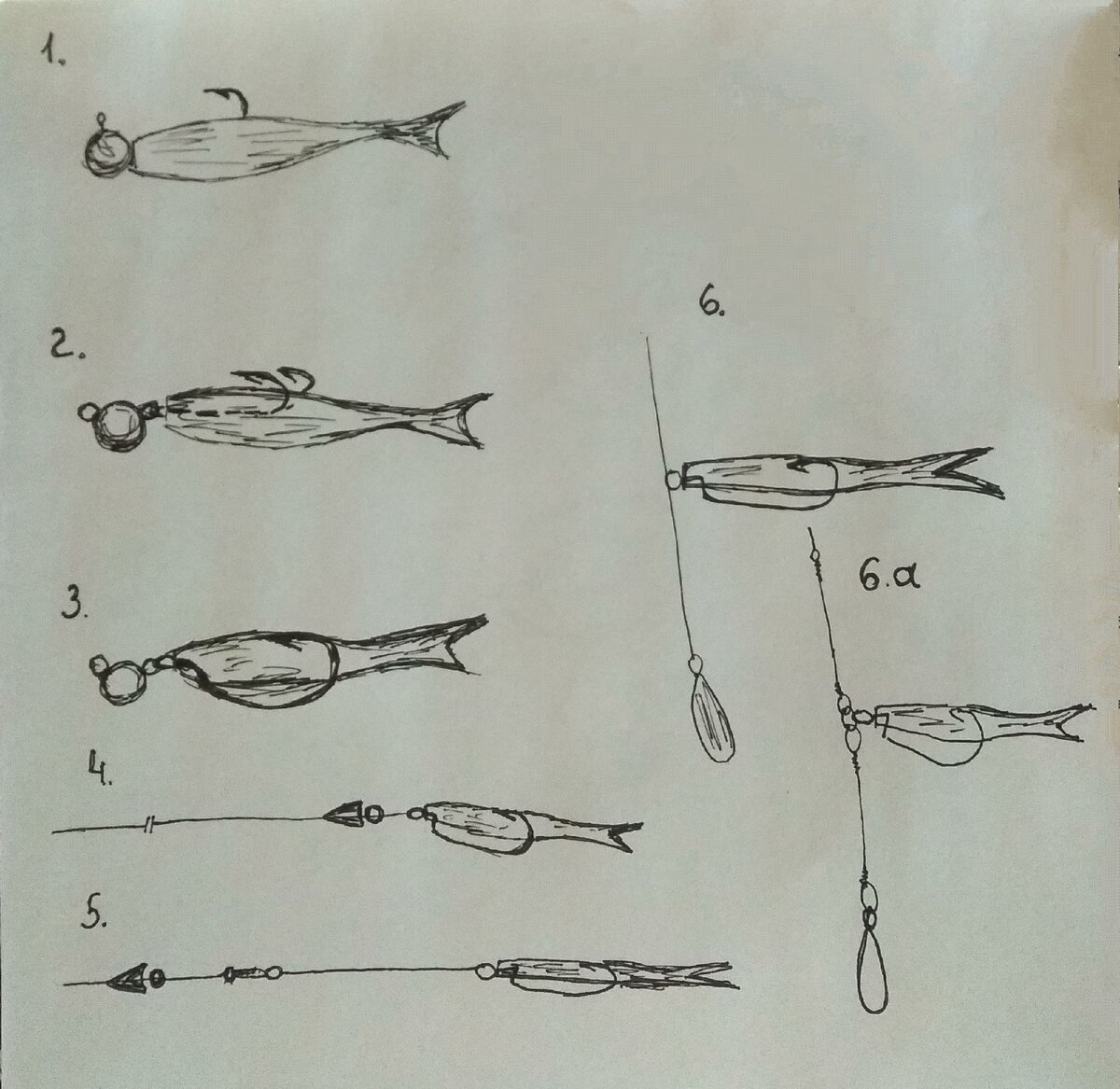 1. Джиг головка 2;3. Шарнирный монтаж 4. Техасская оснастка 5. Каролинская оснастка 6. Дроп-Шот 6а. Дроп-Шот с двумя скрутками 