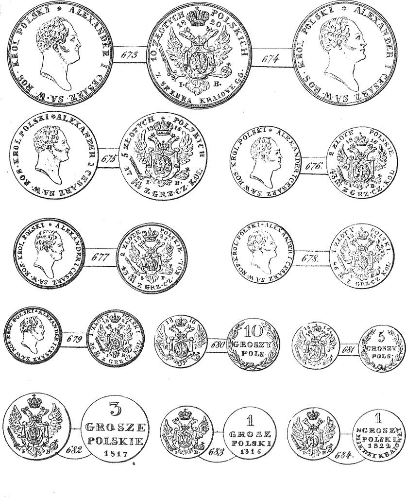 Разновидности русско- польских монет.Источник: Kazimierz Władysław Stężyński-Bandtkie, Public domain