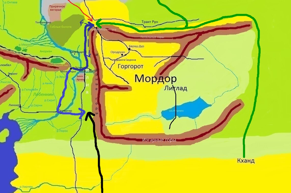 Чёрным обозначена армия харадримов, зелёным армия Кханда и истерлингов, светло-синим южная гондорская рать, тёмно-синим северная гондорская рать, красным войско эотеод, а синим пунктиром отступление гондорцев.