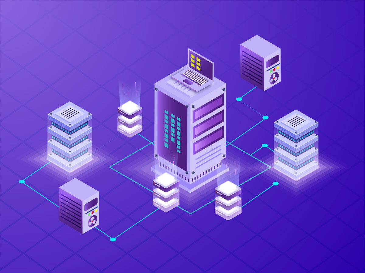 Illustration of local servers connected with main server and laptop on purple background isometric design for Data center concept. Автор: Abdul Qaiyoom
