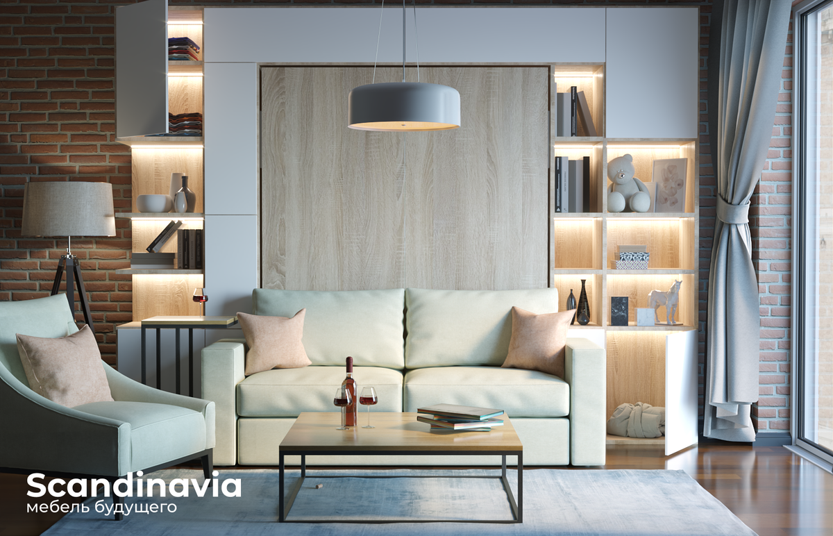 Шкаф-кровать с диваном 3 в 1 дополненная дополнительными  шкафами и антресолью