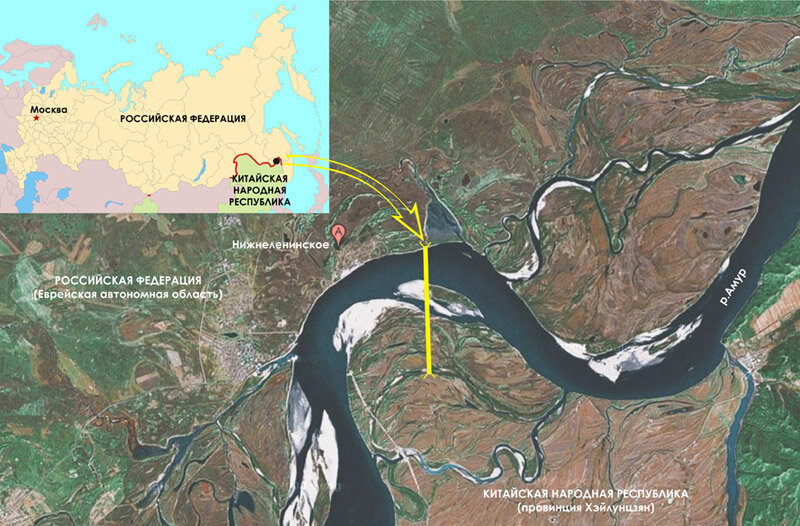 Мост между Россией и Китаем через Амур на карте.