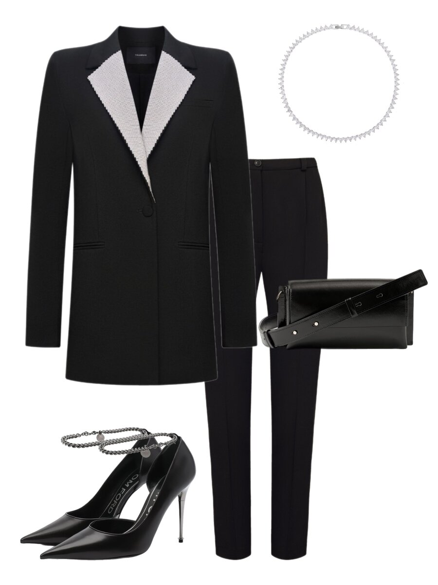     Костюм YULIAWAVE, yuliawave.com; туфли Tom Ford, tsum.ru; сумка Áskent, askent.ru; колье DÉJÀ VU, vivalavika.com