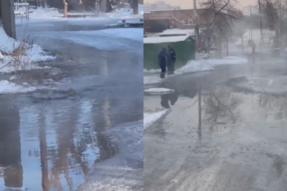     В Новосибирске две улицы залило отходами из канализации. Фото: стоп-кадры.
