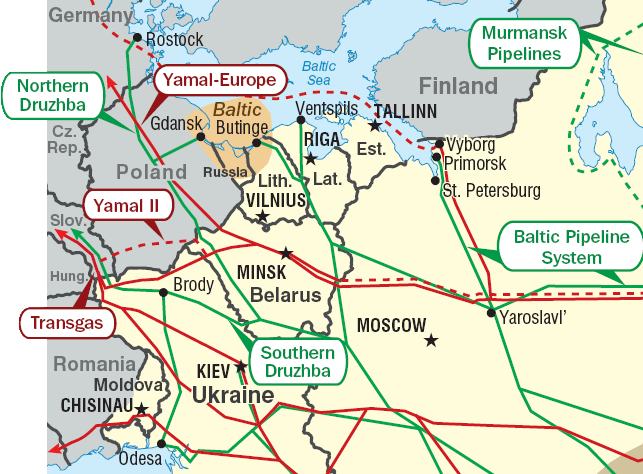 Данная карта показывает магистральные трубопроводы в Восточной Европе.
