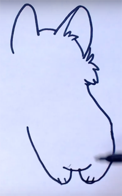 Возле правого ушка, идёт зигзагообразная линия. Продлеваем её вниз округлым тельцем, скруглённым внизу в лапку. Рисуем левую лапку, продлеваем вверх. Соединяем лапки округлой линией и добавляем когти.

