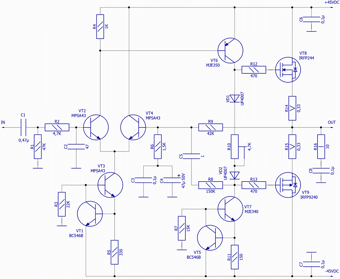 Выполнить чертеж схемы электрической принципиальной устройства усилитель звуковой частоты