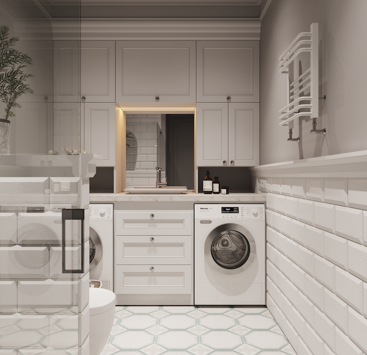 ЖК Мосфильмовский. Гостевой санузел и постирочная объеденены