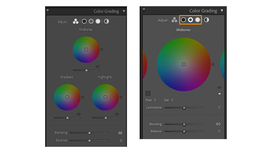 Интерфейс с тремя цветовыми колесами (слева) и редактирование средних тонов (справа)