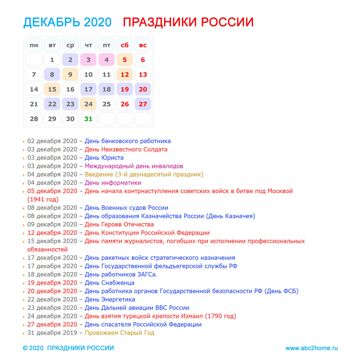 Праздники России в декабре 2020 | ABC2home.ru | Дзен