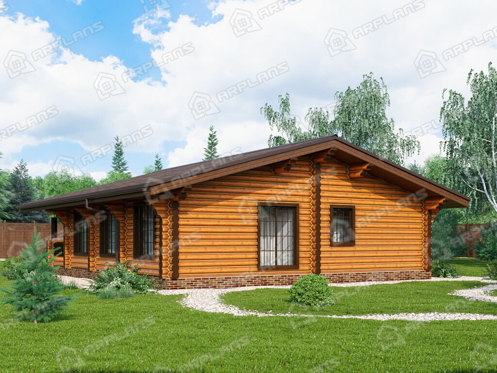 Фото 2 одноэтажного деревянного дома из бревна с 3 спальнями, газовой котельной и террасой. 100 кв м. Источник arplans.ru Проект ДО-168