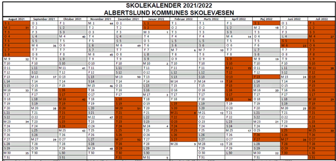 Пример расписания каникул и праздников в одной из школ Дании.