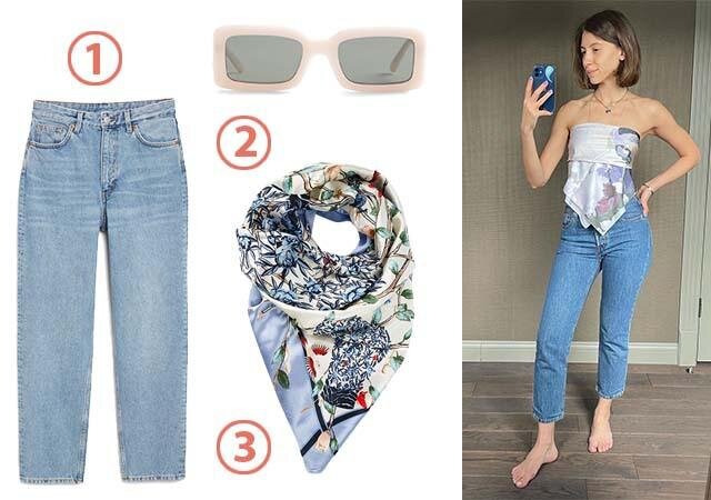 1. Джинсы Monki, 3 000 руб. 2. Очки Zara, 1 599 руб. 3. Платок «Снежная Королева», 490 руб. 
Фото: Архивы пресс-служб / Instagram @ingameladze