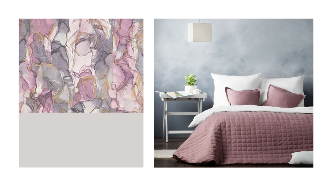 Контрастные обои для стены за кроватью, фоновые светлые обои и покрывало в цвет рисунка обоев