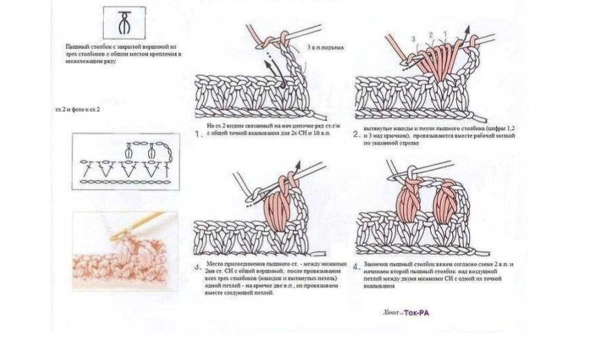 Вытянутая петля крючком схемы. Пышный столбик из 3 столбиков с накидом. Вязание крючком пышный столбик. Три столбика с накидом в одну петлю. Вязание крючком пышный столбик для начинающих.