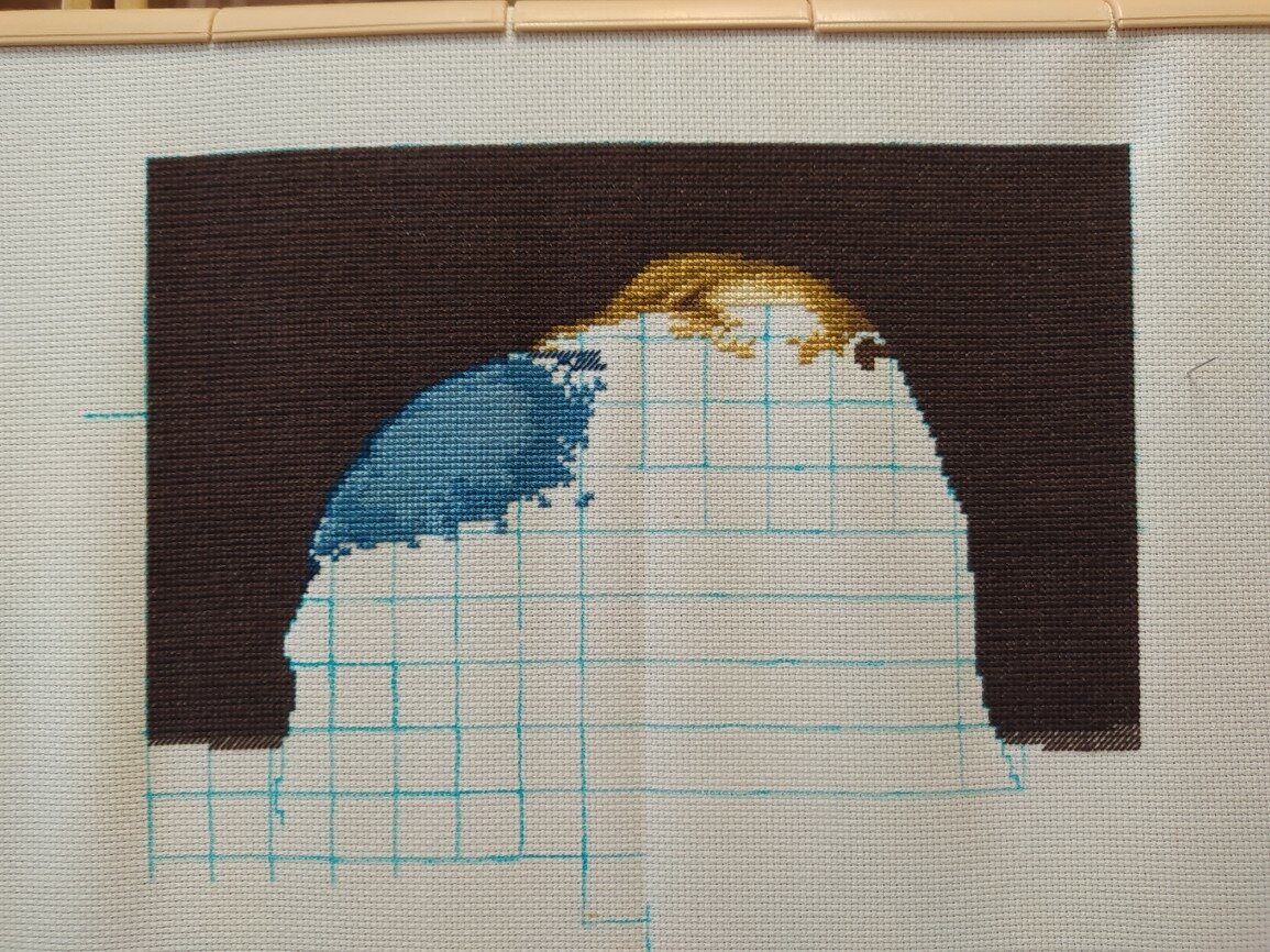 Светлана вышивает "Девушку с жемчужной серёжкой" по картине Вермейра. набор от Золотого Руна