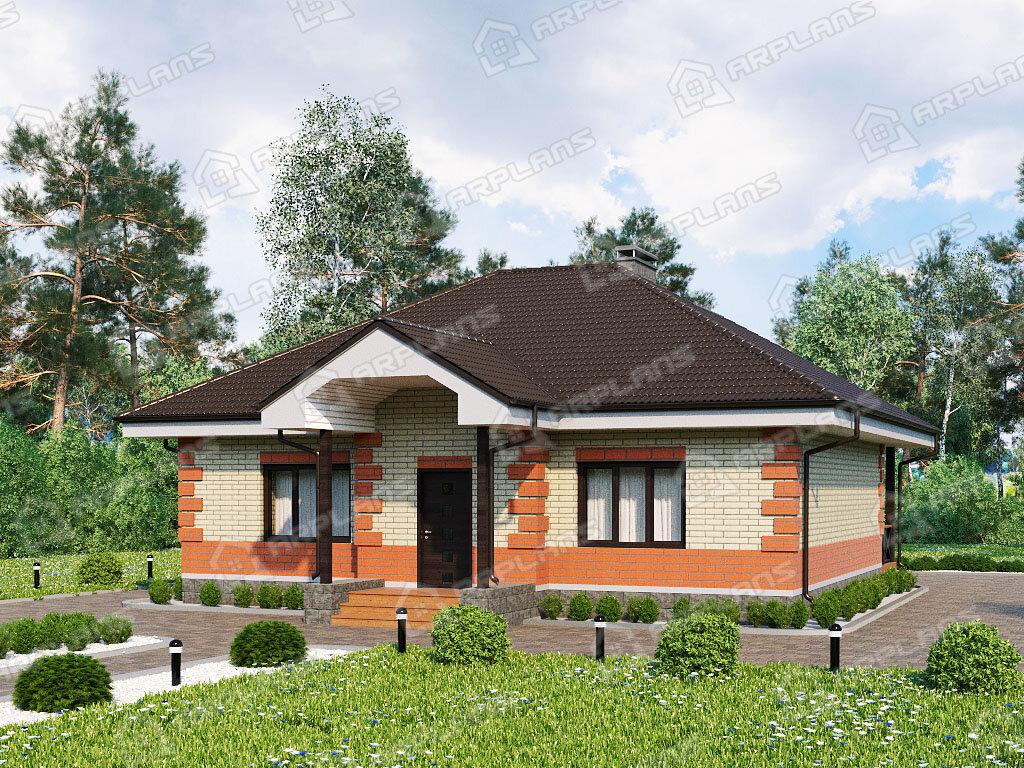 Фото 2 одноэтажного дома из газобетона с 3 спальнями и террасой. Общая площадь 108 кв м. Источник arplans.ru Проект К-253