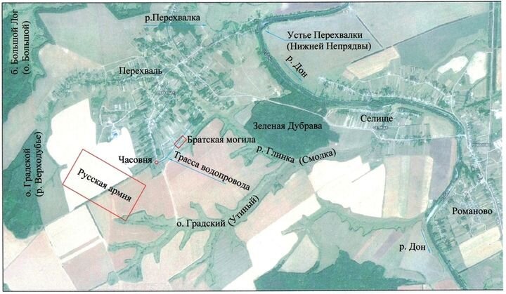 Вид на село Перехваль и на братскую могилу из космоса