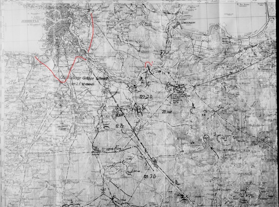 Фрагмент карты действий XXXIX моторизованного корпуса, где красным и цифрой «1» отмечен планируемый немецкий плацдарм на правом берегу Невы. Также красным показан планируемый третий рубеж окружения Ленинграда