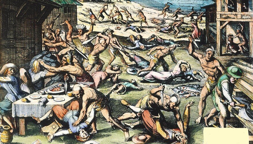 «Индейская резня 1622 года», гравюра по дереву Маттеуса Мерена, 1628 год