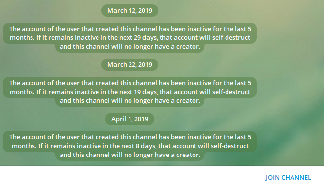 Для примера перевод уведомления с канала https://t.me/stavki. Аккаунт пользователя, который создал этот канал, был неактивен в течение последних 5 месяцев. Если он останется неактивным в течение следующих 8 дней, его учетная запись будет деактивирована и у этого канала больше не будет создателя.