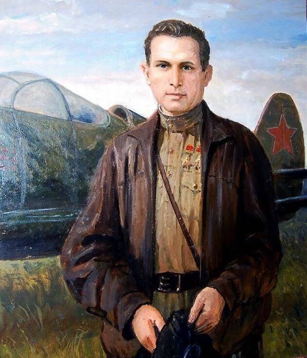 Павел Михайлович Камозин. Дважды Герой Советского Союза. Его называли "гроссмейстером воздушного боя" (35 засчитанных побед), запечатлён художником на фоне своей верной подруги "Аэрокобры".